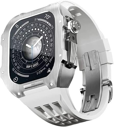 ILAZI Robustes Edelstahl-Gehäuse, Gummi-Ersatzarmband, für Apple Watch 8, 7, 45 mm, 6, 5, 4, 44 mm, Herren-Mod-Kit, Metalllünette, Fluorkautschuk-Armband mit Verschluss, Uhrenzubehör, 44mm, Achat
