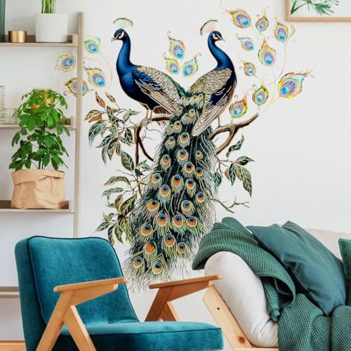 WandSticker4U®- Edeles Wandtattoo PFAU mit goldenen Konturen (102x96 cm) I Wanddeko exotisches Tier Vögel Pfauen groß Aufkleber I Wandsticker Wohnzimmer Schlafzimmer Erwachsene Flur XXL