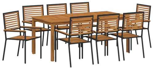 vidaXL 9-teiliges Garten-ESS-Set mit Kissen, großem rechteckigen Tisch und 8 stapelbaren Stühlen, belastbar, Holz, pulverbeschichteter Stahl, modernes Outdoor-Möbel, Terrassen-Sitzgruppe, Lounge