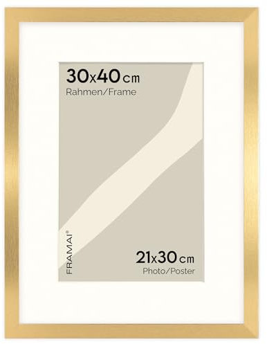 FRAMAI® Bilderrahmen 30x40 cm in Gold – mit Passepartout – MDF Holzrahmen, bruchsicheres Plexi, umweltfreundlich, mit Aufhängung & Ständer – Hochformat & Querformat