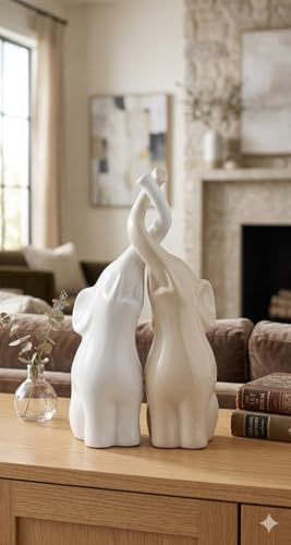 Coppia armoniosa di elefanti in ceramica in beige e bianco lucido - Scultura moderna, coppia di due singoli elefanti - Statuetta decorativa alta 15 cm - Elefante come perfetta idea regalo, bomboniera