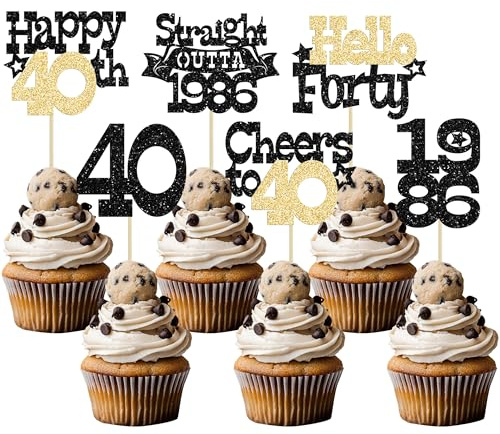 Ephlyn 30Pcs Straight Outta 1986 Cupcake Toppers Glitter Forty Happy 40th Birthday Cupcake Picks Cheers to 40 Years Cake Decorations for Happy 40th Birthday Anniversary Party Supplies Black Gold