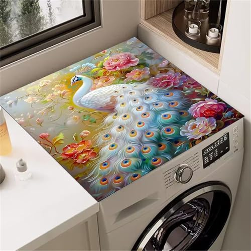 Hixingo Cubre Lavadora Parte Superior, Pavo Real Blanco en 3D Funda Secadora Carga Superior, Protector Decorativo Cubre Antideslizante para Lavadoras, Secadoras, Cocinas, Baños (B,30x40cm)
