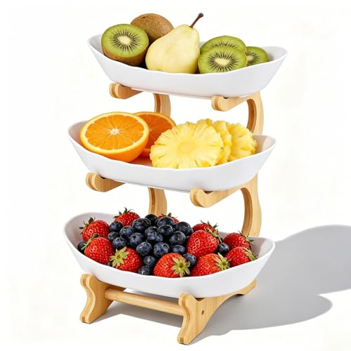 Zencantorous Obst Etagere mit 3 Etagen, Obstkorb Etagere, obstregal küche mit Obstschalen, Fruchtkuchen Stehen mit Bambusständer, Wiederverwendbare, für Obst, Kuchen, Snacks und Süßigkeiten, Weiß