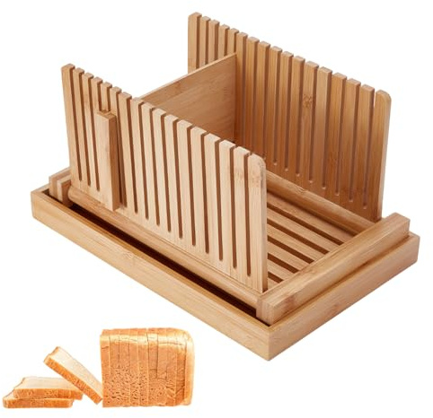 UNICRAFTALE Affettatrice per pane regolabile in bambù con vassoio per briciole, 32,2 x 21,6 x 17 cm, per taglierina fatta in casa, guida per pasta madre, bagel, torte, pani, gadget da cucina, set