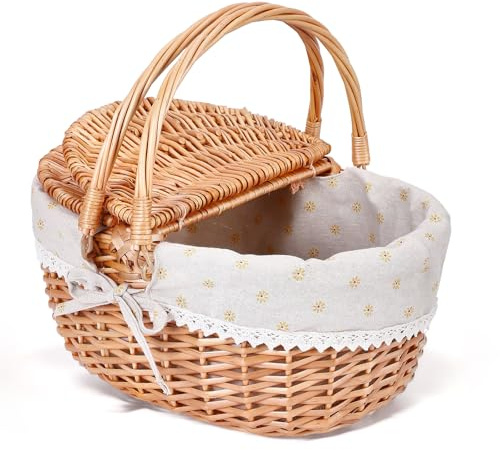 Picknickkorb, Picknickkorb mit Doppelt zu öffnendem Deckel und Klappbarem Griff, Handgewebter Korb mit Herausnehmbarem Baumwollfutter für Picknicks, Camping, Obstpflücken(Gelb/40x34x19CM)