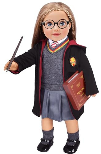 ebuddy Hermine Granger inspirierte Puppenkleidung Schuhe für American Girl Puppen: 10-teiliges Hogwarts-Uniform-Set mit imitiertem Zauberbuch