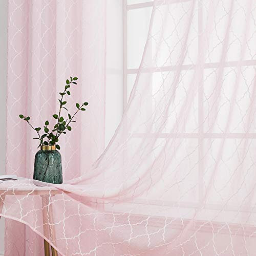 MIULEE Gardinen Vorhang Wohnzimmer 2er Set mit Ösen Transparente Vorhänge Stores gardinen mit kräuselband Stickerei Ösenschal Fensterschal Dekoschal für Schlafzimmer 245 x 140cm (H x B) Rosa