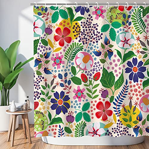 LIVILAN Rideau de Douche à Motif Floral – Motif Floral coloré bohème Unique en Tissu bohème pour Salle de Bain avec 12 Crochets, 183 x 183 cm
