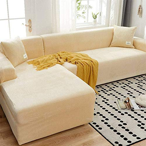 LINGKY Sofabezug Ecksofa L Form Stretch Samt Sofa Überzug Universal Couchbezug Für 1/2/3/4 Sitzer Waschbar Sofa Überwürfe (L Form Ecksofa Erfordert Zwei) - Sofabezug 3 Sitzer, Beige