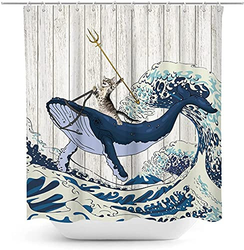 Coxila Lot de 12 rideaux de douche en polyester motif chat amusant pour garçons et garçons, motif océan, dessin animé, japonais, bizarre, fantaisie, adolescent, baleine, animal, mer, été, art, 152,4 x