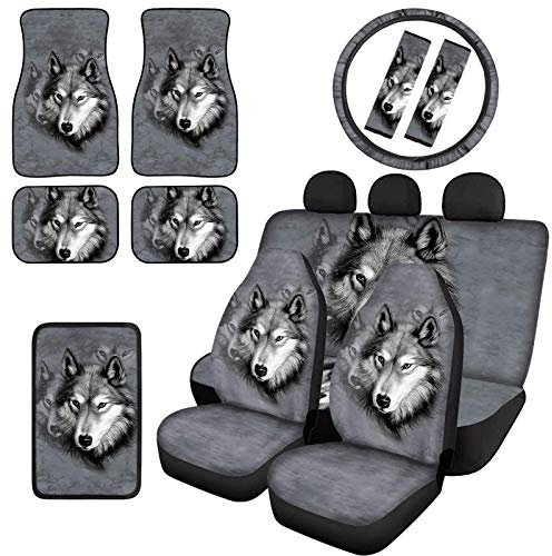 chaqlin Grauer Wolf Auto-Sitzbezüge, geteilte Bankschoner, Fußmatten, komplettes Set mit 12 Universal-Lenkradbezügen, Armlehnenbezügen für Damen und Herren, Auto-Innenausstattung, Zubehör