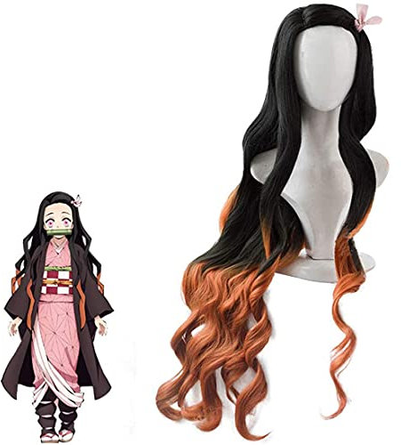 Kamado Nezuko Demon Slayer Cosplay Perücke, Nezuko Cosplay Perücke mit Perückenkappe, Lange Lockige Schwarze Gradient Orange Cosplay Anime Girl Perücke für Halloween Requisiten