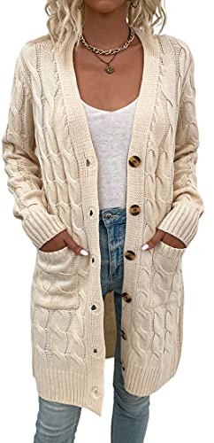 Acramy Damen Mantel Herbst Winter Strickjacke Lang Grobstrick Cardigan Strickmantel mit Knöpfen