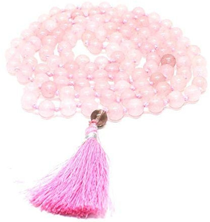 8MM Natural Rose Quartz 108 Beads Mala,Rose Quartz Beads Long Mala Necklace, Knotted Mala Strand, Japa Mala Tassel Necklace, Pink