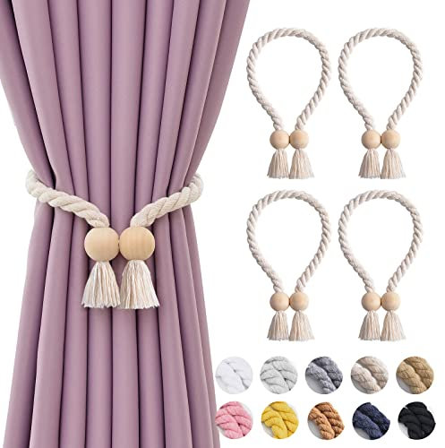 Pretty Jolly Ball magnetische Vorhang-Raffhalter aus Holz, Boho-Dekoration, Raffhalter, natürliche Baumwolle, handgewebt, für Fenstervorhänge für Zuhause und Büro, Beige, 4 Stück