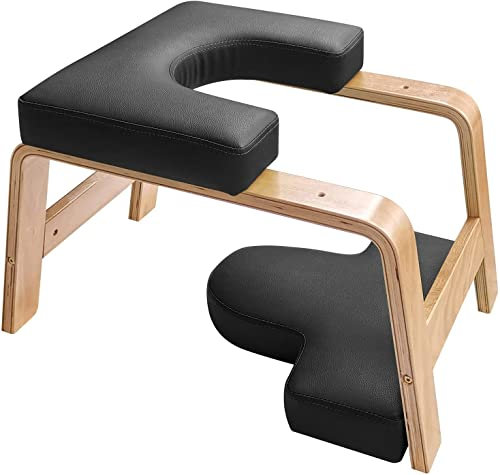 Yoga Kopfstandhocker, Kopfstandbank aus Holz, Yoga Kopfstandstuhl mit PU-Kissen, zum Üben von Kopfstand, Schulterstand und Krafttraining, geeignet für Home Gym Yoga Studio,Schwarz