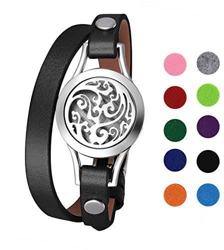 OIDEA Damen Armband Leder Aromatherapie: Schwarz Lederarmband aus Edelstahl Sonnenblume Doppel-Lap mit 10 Filz-Pads Armreif Handgelenk Schmuck Geschenk für Frauen Mädchen