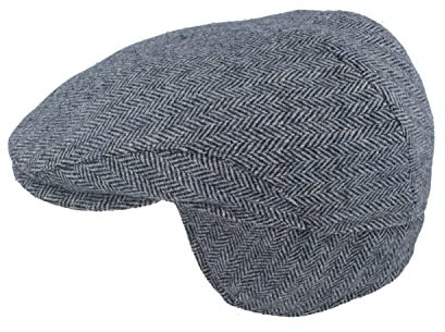 Breiter Herren Winter Schiebermütze mit Ohrenklappen Flatcap Schirmmütze 100% Wolle Newsboy ausklappbarer Ohrenschutz Hautfreundlich Bequem Fischgrät Hellblau 59