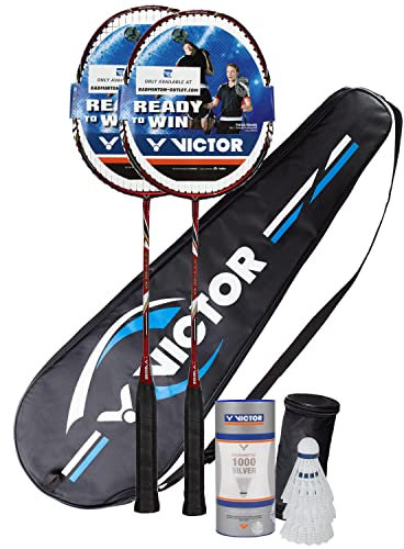 VICTOR Premium Badminton Set 2 x V-3100 inkl. Racketbag + 3 Nylonbällen - rot