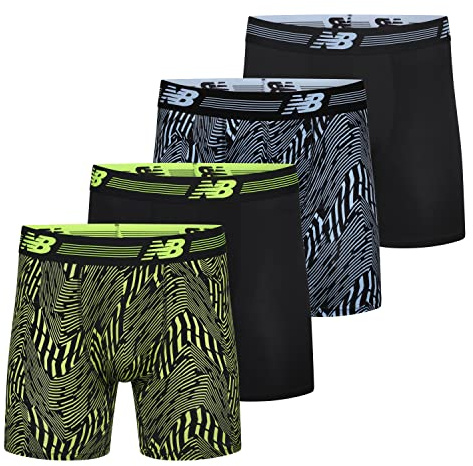 New Balance Men's Standard Performance 6 NO Fly Boxer Brief (4-Pack), Black/Azure Print/Black/Hi-Lite Print, X-Large