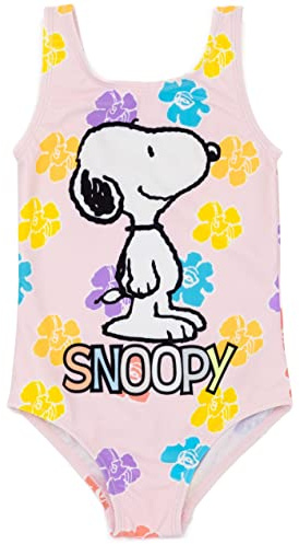 Peanuts Snoopy Swimsuit For Girls in Pink | All in One Floral Swimming Costume For Kids | Classic Cartoon Dog & Multicoloured Flower Graphic Beachwear | Swimwear Bodysuit Merchandise Gift for Children