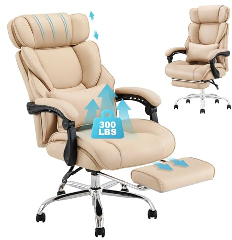 COLAMY Bürostuhl Leder mit Fußstütze, Ergonomischer Chefsessel für Homeoffice – Hohe Rückenlehne, 90–135° Neigefunktion, Gepolsterte Armlehnen, Office Chair mit Lendenkissen, Khaki