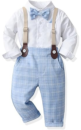 Anzug Baby Kinder Jungen Hochzeit Festlich Gentleman Set Taufanzug Fliege Langarm Hemd Shirt Top Hosentr�ger Hose Bekleidungsset Formal Smoking Outfit Herbst Winter Kleidung Hellblau 12-18 Monate