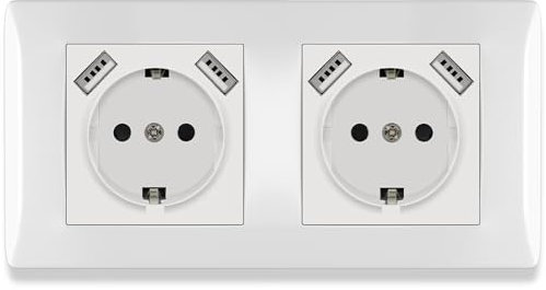 BSEED USB Steckdose mit Steckklemme, Doppelsteckdose Unterputz 16Amp, 2 Fach Steckdose mit PC Rahmen, Schuko Steckdose mit USB Anschluss Unterputz, Doppel Wandsteckdose mit USB 2.1A Weiß - 152 mm