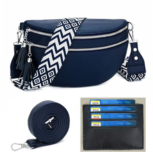 LANXINGLUO tasche damen umhängetasche damen mittelgroß crossbody bag damen breiter gurt 5CM,Mit Kreditkartenfach und 2 Schultergurten,B-Marineblau