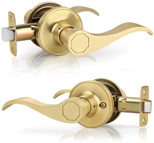 Gaurqiah Poignée de porte de passage style vague sans clés, levier de porte non verrouillable pour couloir/placard en laiton satiné, sans serrure, levier réversible pour portes gauche/droite