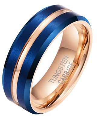 Verlobungsring Rosegold, Herren Damen Ring aus Wolfram Zweifarbiger Versprechen Ehering Matt mit Rille 8MM, Roségold Blau, Größe 60 (19.1)