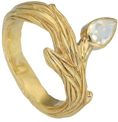 Lebensquelle Plus Anillo de estilo Art Nouveau labradorita blanca (piedra lunar arco iris) I elegante plata 925 chapada en oro I Diseño de hoja de hiedra orgánica, Piedra semipreciosa, Labradorita