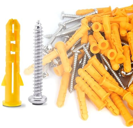 LEDSone Screws and Wall Plugs Set 50 pcs of pack 8 x 40 mm Masonry Brick Concrete Fixings Plugs Assortment Kit Plugs and Screws in Compartment Box Zinc Galvanized 3 Different Size