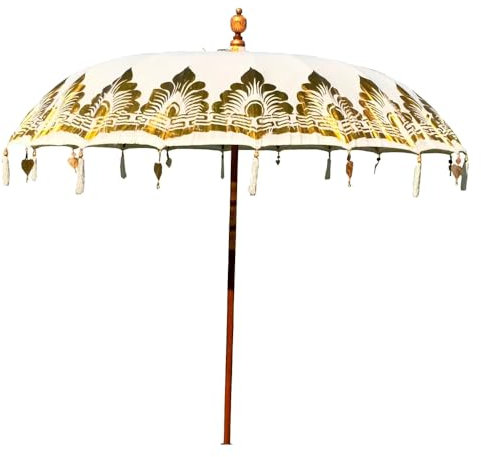 EME Sombrilla Balinesa Decorados Dorados de 200cm fabricada a mano en madera tropical, férulas de bambú y algodón. Sombrilla de terraza ideal para Restaurantes, Bares y Eventos.