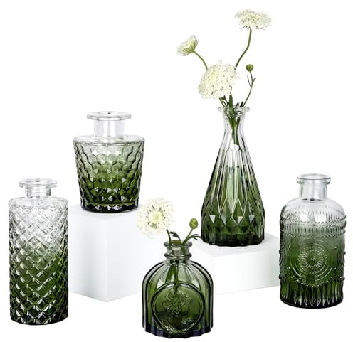 TBWIND Glasvasen, 5er-Set, kleine grüne Blumenvasen für Tafelaufsätze, Mini-Vintage-Vase für Hochzeitsdekoration, einzelne Blumen und Tischdekoration