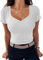 TrendiMax Damen T-Shirt Herzausschnitt Kurzarm Sommer Shirt Gerippt Slim Fit Oberteile Casual Bluse Tops (S, Weiß)