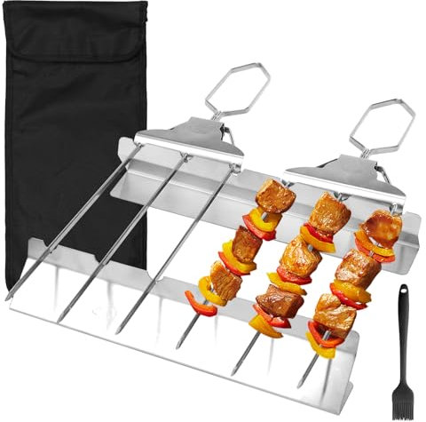 DAMIGHT 3-Way Barbecue Skewers Stainless Steel, Pack of 2 with Grill Frame, Semi-Automatic Stainless Steel Grill Fork, BBQ Metal Skewers for Outdoor Use, Robust Kebab Skewers