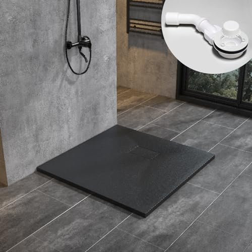 WITEN&NOCK SMC Duschwanne 80x80cm schwarz Brausewanne Duschtasse extra flache Steinoptik Antirutsch inkl. Abdeckung und Ablaufgarnitur Ø90mm Siphon