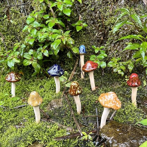 Keramik-Pilz-Gartendekoration – 8 Stück simulierte Ornamente für Feenhof, Terrasse, Innen- und Außenbereich, Mikro-Landschaft – Statue Pfahl-Figuren Dekoration Geschenke