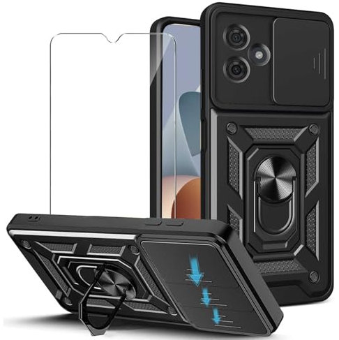 JDXHFF Hülle Kompatibel mit ZTE Blade A73 4G (6.6) und 1 x Panzerglas Displayschutzfolie - Weiche TPU und Hart PC Silikon Tasche Schutzhülle mit 360 ° Grad Ring Ständer Case Schwarz