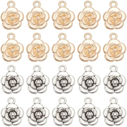 SUNNYCLUE 1 Box 60Pcs Rose Flower Charms Roses Charm Chic 3D Alloy Metal Light Gold Antique Silver Floral Charms Bulk for jewellery Making Charms Necklace Earring Valentine's day Christmas Women Adult