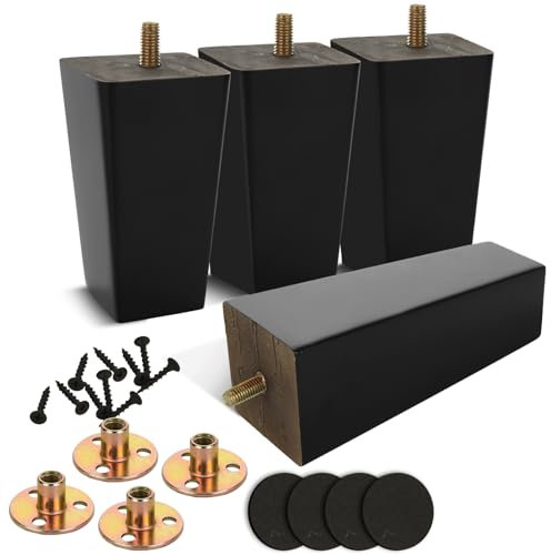 LOPYXBR Lot de 4 pieds de meubles en bois - 15 cm - Noir - Avec boulons M8 pré-percés - Plaques de montage - Coussinets en caoutchouc et vis - Pour canapé, lit, armoire, canapé, ottoman