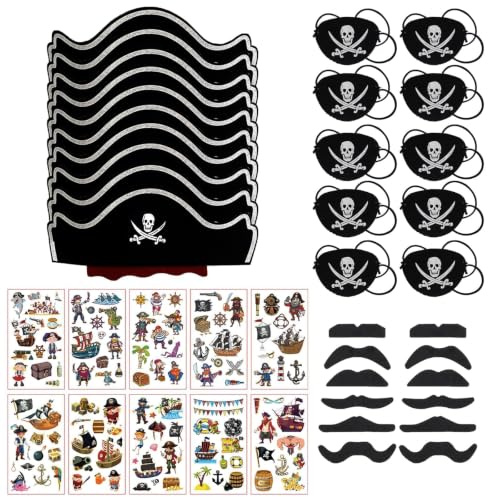 BDSHUNBF 10 Pcs Chapeaux de déguisement pour adultes - Chapeau de pirate et yeux bandés, Kit anniversaire pirate complet - Cache œil, tatouage et décoration inclus pour les fêtes costumées