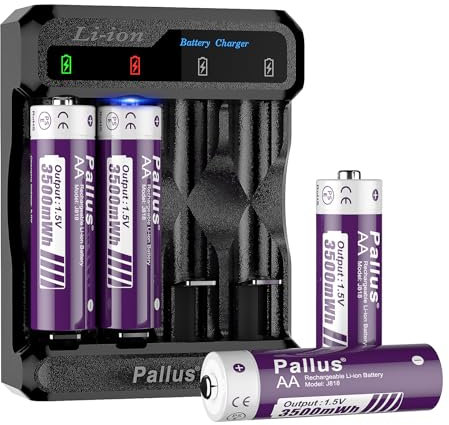 Rechargeable Lithium AA Battery, 3500mWh Large Capacity 4-Pack, 1500 Cycles, with 4-Slot Voice Smart Charger, Double A Battery for Cameras, Toys, Controllers, Game Consoles