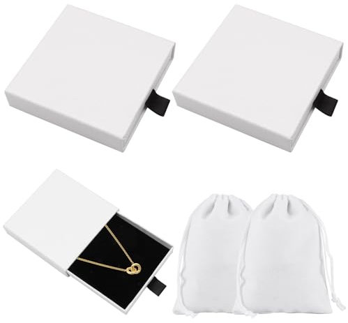 VEGCOO 2 Pezzi Confezione Regalo per Gioielli con 2 Sacchetti Regalo, 8 x 8 x 1,7 cm Scatola Regalo per Collana in Cartone, Confezione Regalo Piccola per Riporre Anelli, Collane e Polsini (Bianco)