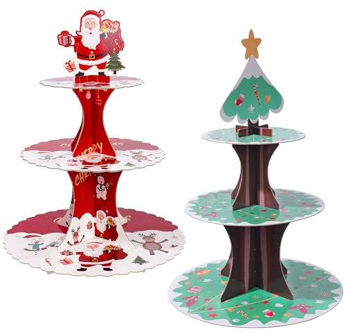 PYGHAP 2 Pack Cake Stand, Cardboard Cupcake Stand 3 Tier Dessert Holder Round Tower Cardboard Cake Stands for Christmas Birthday Party Supplies (Red&Green)