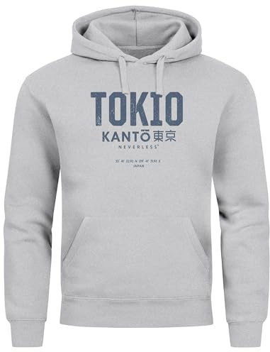 Neverless® Hoodie Herren Frontprint Tokyo Japan Japanische Schriftzeichen Grafik Print Fashion Streetstyle Männer grau M