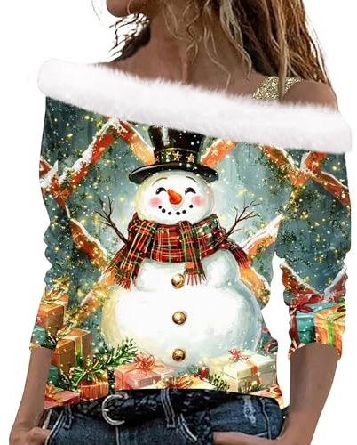 Weihnachtspullover Damen Langarmshirt Pullover Weihnachten Sweatshirt Weihnachtsshirt Damen Langarm mit Schneemann Weihnachtsmotiv Große Größen Weihnachts T-Shirt für Frauen Mädchen(Green,XL)