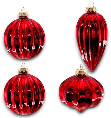 Set di 4 Palline per Albero di Natale in Vetro Soffiato da 8 cm, a goccia esagonali Brillanti, 2 Colori (Bianco e Rosso), appendino per Albero e sfere artigianali Natalizie Raffinate (Rosso, 8 Cm)